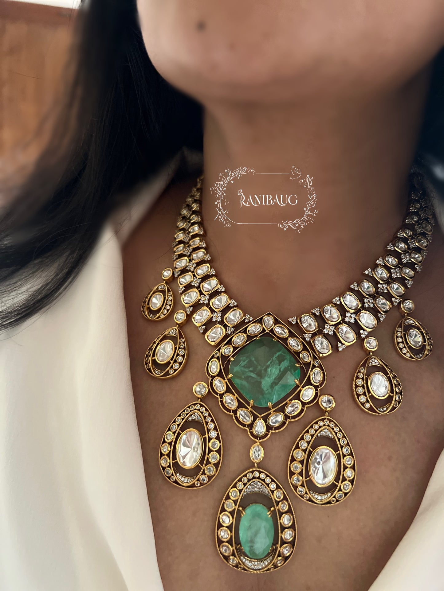 Vaani Royal Mossainite Gold Plated Gemstone Premium Necklace Set By Ranibaug | Diwali Jewelry Wedding Jewellery 2026