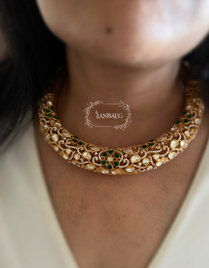 Vaarini Mossainite Polki Gold Round Designer Necklace Set by Ranibaug