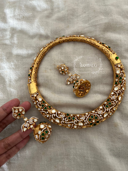 Vaarini Mossainite Polki Gold Round Designer Necklace Set by Ranibaug