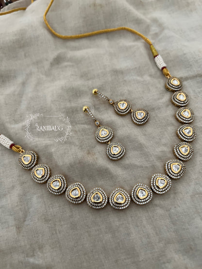 Vaarini Polki Kundan Zirconnnia Gold Finish Classic Necklace Set By Ranibaug