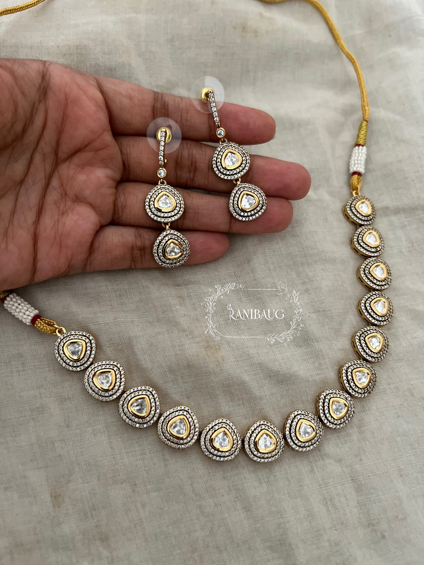 Vaarini Polki Kundan Zirconnnia Gold Finish Classic Necklace Set By Ranibaug