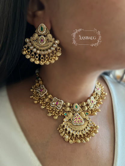 Vaidehi Heritage Intricate Pearl Beaded Kundan Studded Gold Necklace Jewellery Set By Ranibaug
