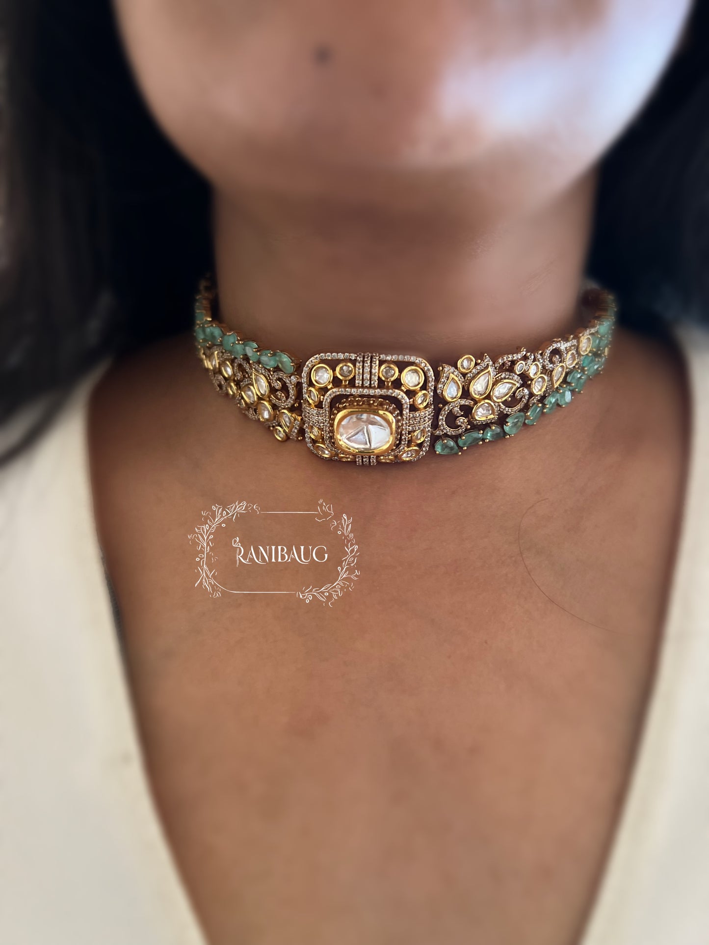 Vaidehi Mint And Gold Dual Tone Gemstone  And Polki Studded Designer Choker Set By Ranibaug