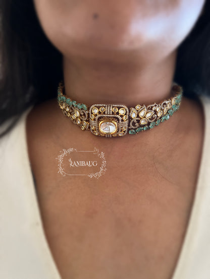 Vaidehi Mint And Gold Dual Tone Gemstone  And Polki Studded Designer Choker Set By Ranibaug