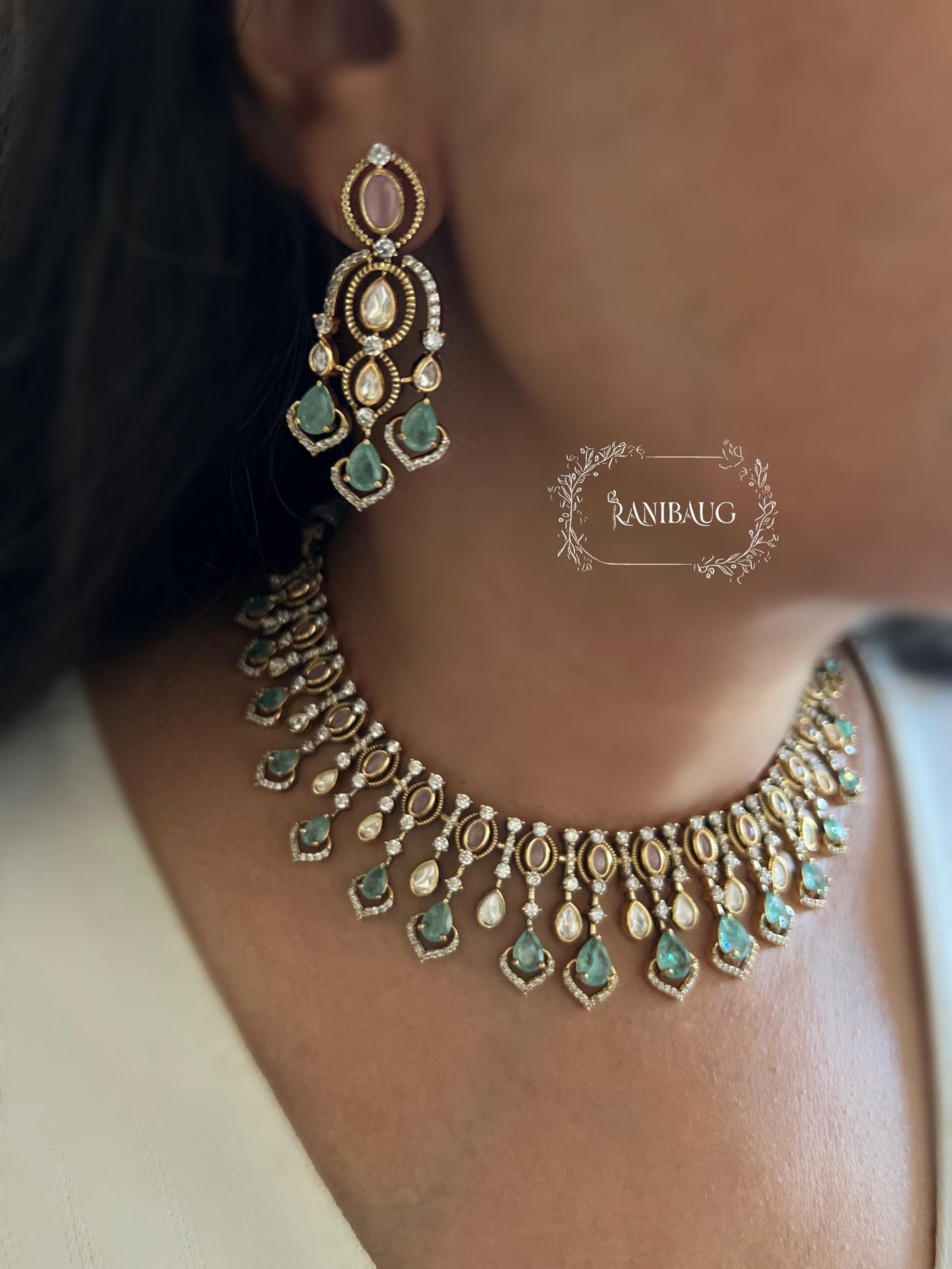Vaidehi Victorian Finish Crystal Designer Necklace Jewellery Set By Ranibaug