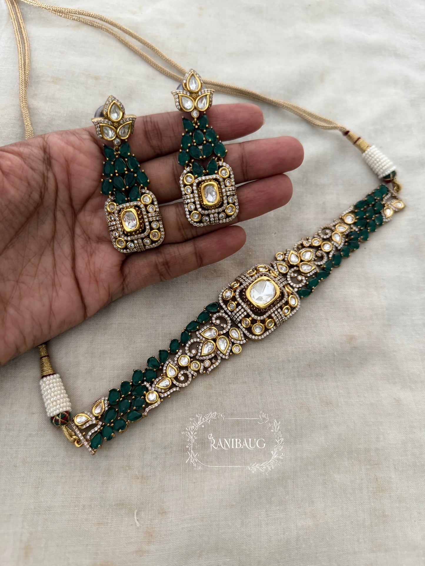 Vaidehi Mint And Gold Dual Tone Gemstone  And Polki Studded Designer Choker Set By Ranibaug