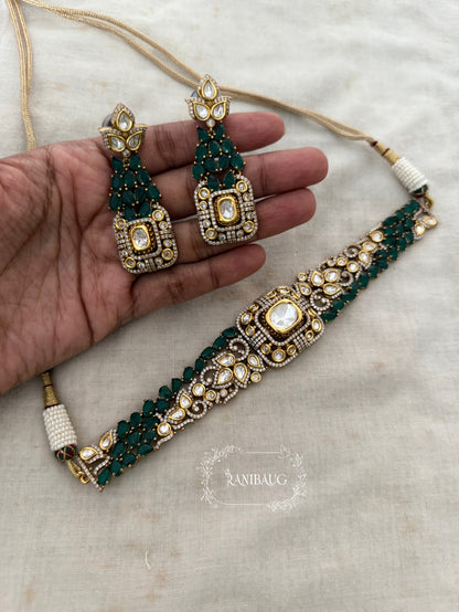 Vaidehi Mint And Gold Dual Tone Gemstone  And Polki Studded Designer Choker Set By Ranibaug