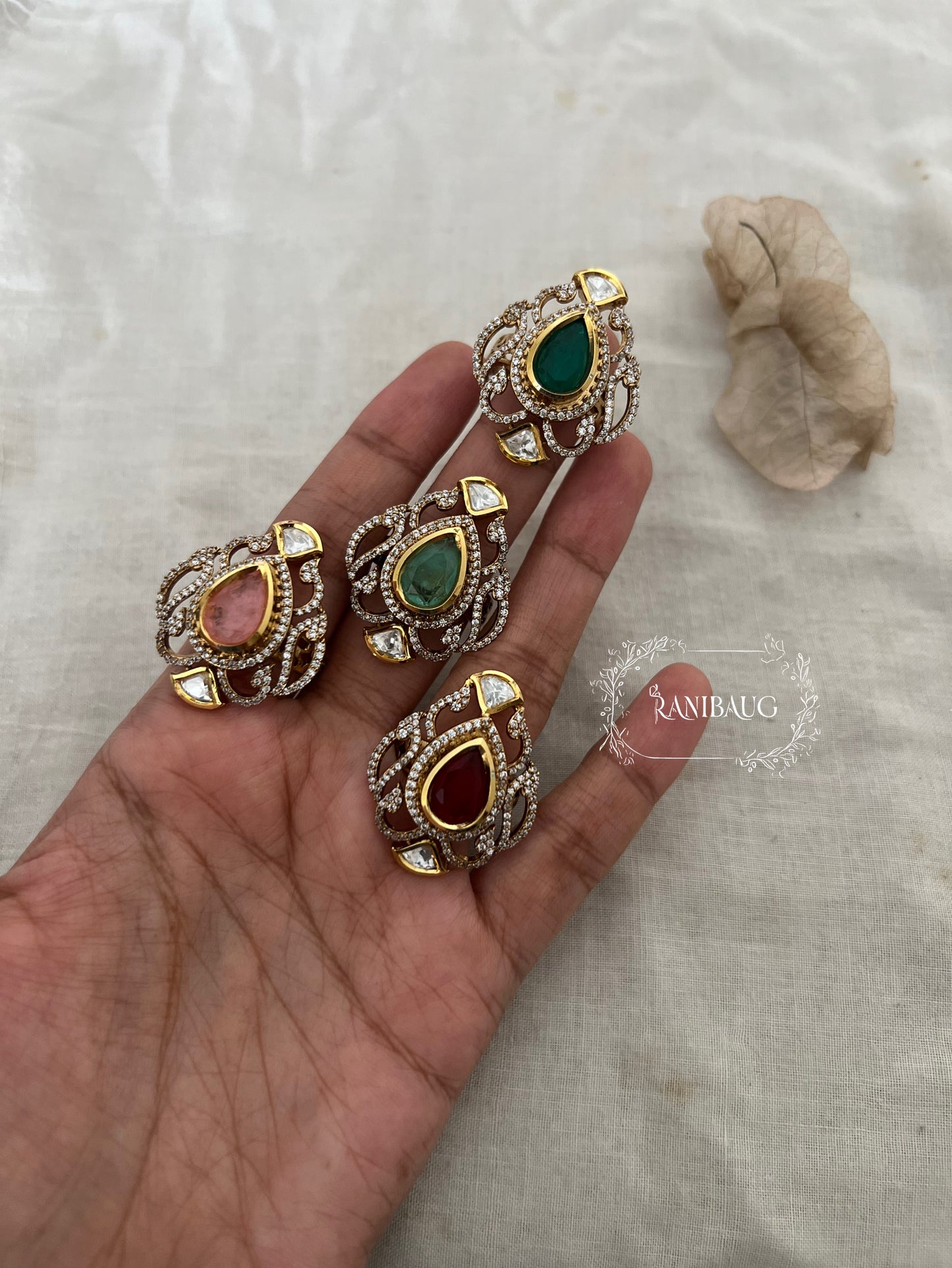 Vamika Gold Plated Kundan Studded Teardrop Gemstone Ring Ny Ranibaug