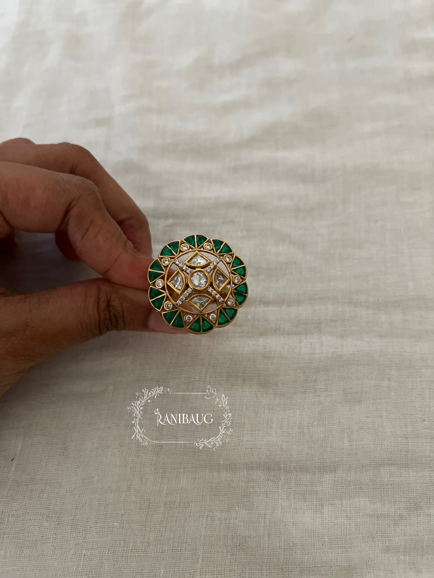 Vamya Emerald Enamel Gold Finish Polki Studded Bold Statement Finger Ring By Ranibaug