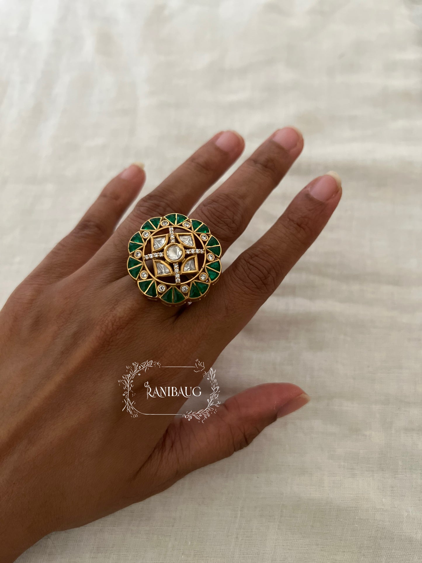 Vamya Emerald Enamel Gold Finish Polki Studded Bold Statement Finger Ring By Ranibaug