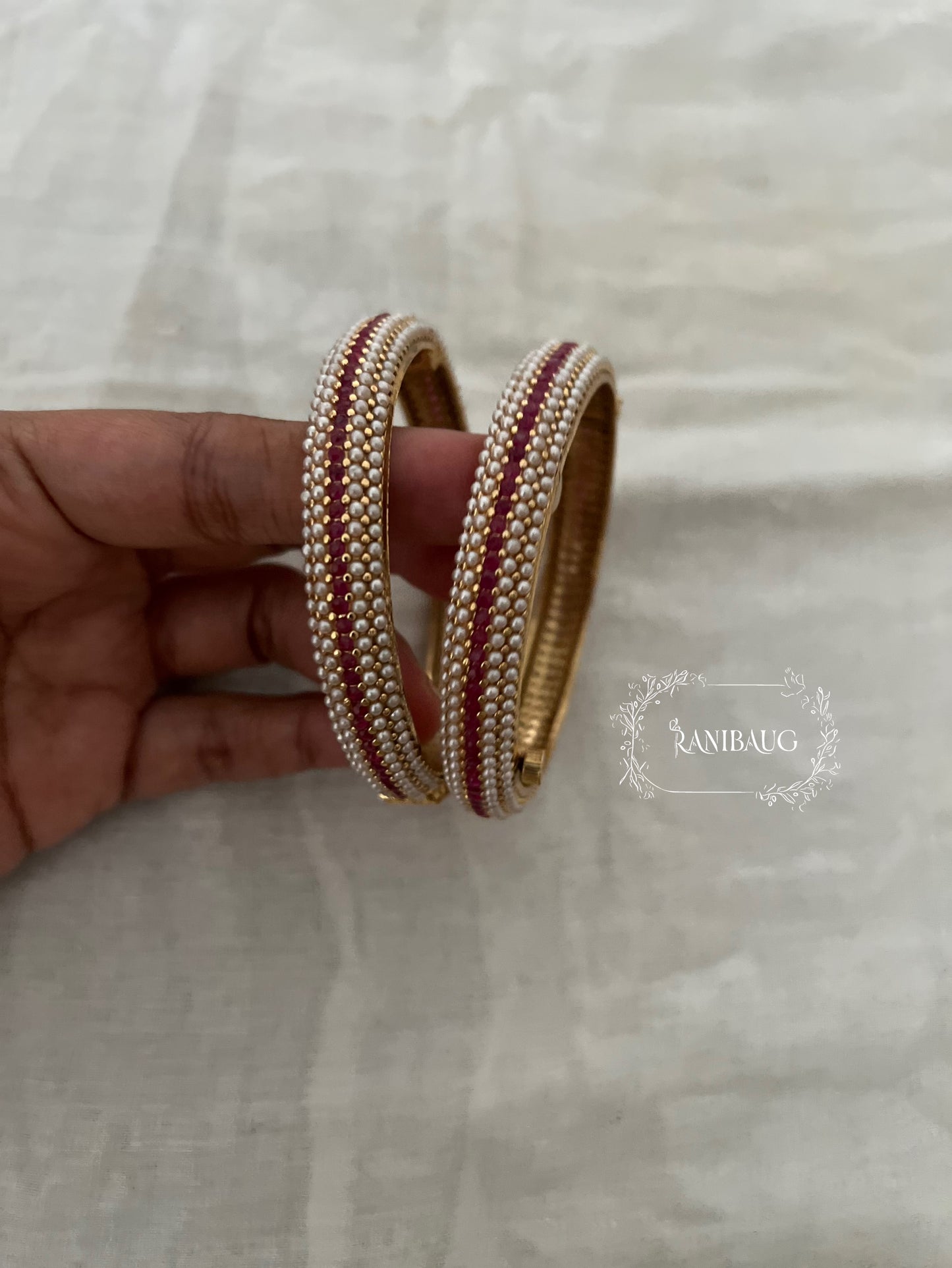 Vandita Moti Pearl Studded Gold Finish Designer Heritage Bangle Pair By Ranibaug