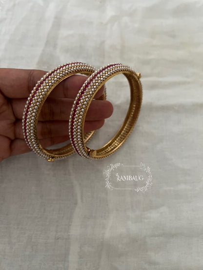 Vandita Moti Pearl Studded Gold Finish Designer Heritage Bangle Pair By Ranibaug