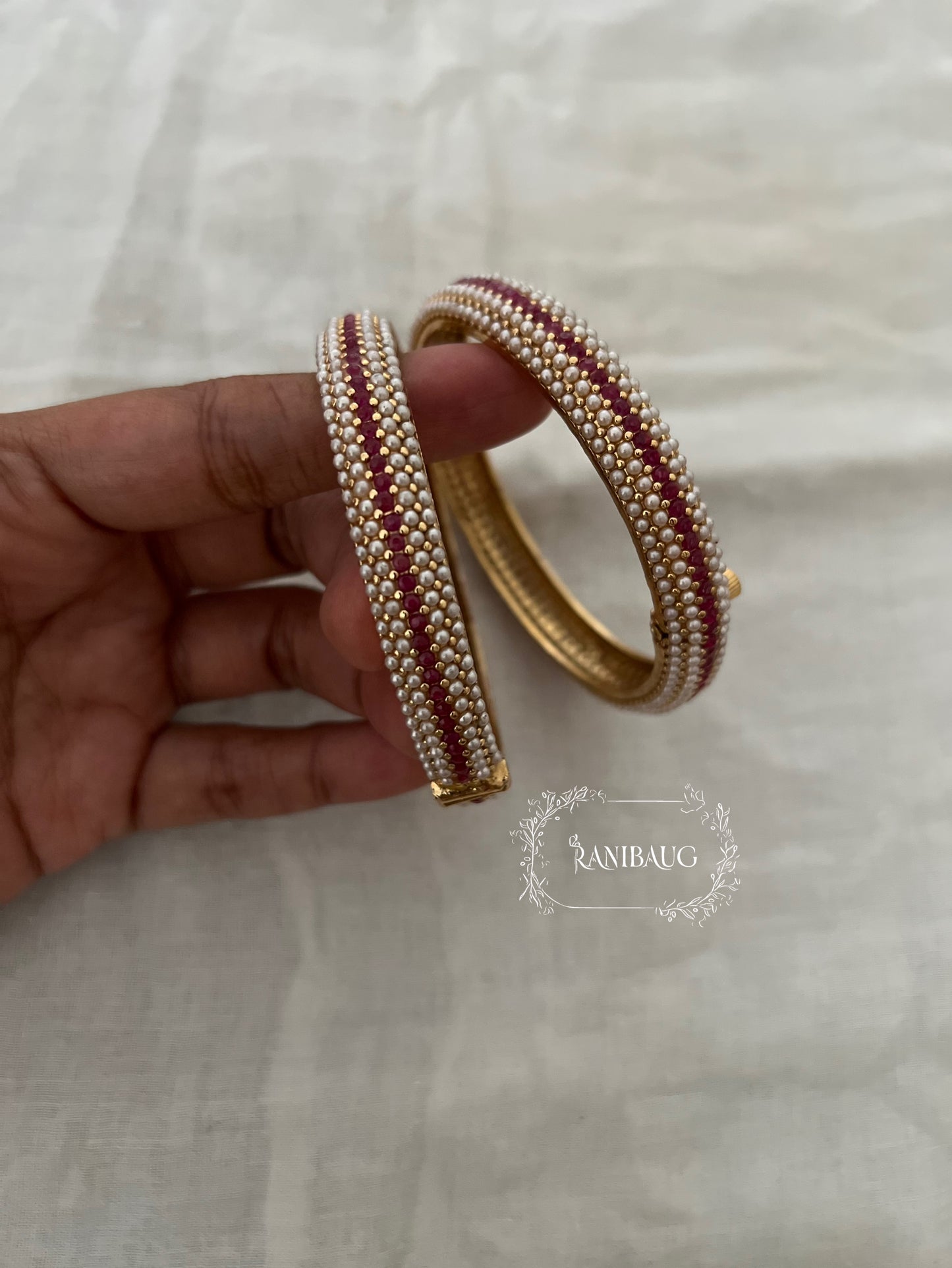 Vandita Moti Pearl Studded Gold Finish Designer Heritage Bangle Pair By Ranibaug