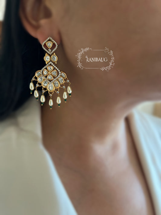 Vani Classic White Pearl Drops Gold Tone Polki Studded Wedding Earrings By Ranibaug