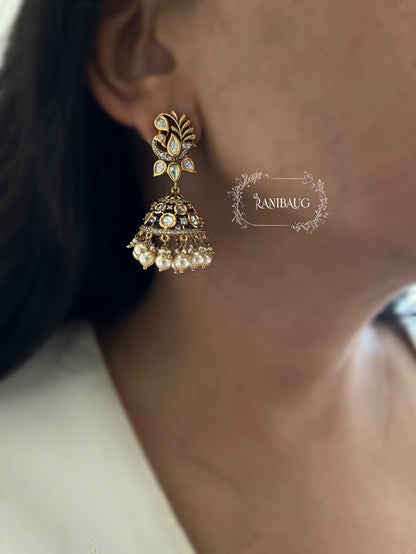 Vanika Polki Peacock Gold Finish Pearl Adorned Designer Jhumka Earrings By Ranibaug