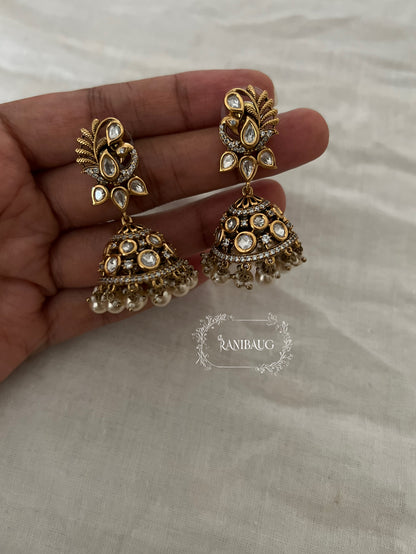 Vanika Polki Peacock Gold Finish Pearl Adorned Designer Jhumka Earrings By Ranibaug