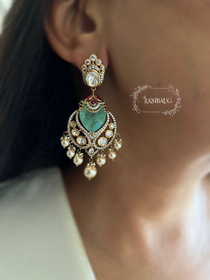 Vanisha Emerald Kundan Shiny Pearls Chandbali Earrings By Ranibaug