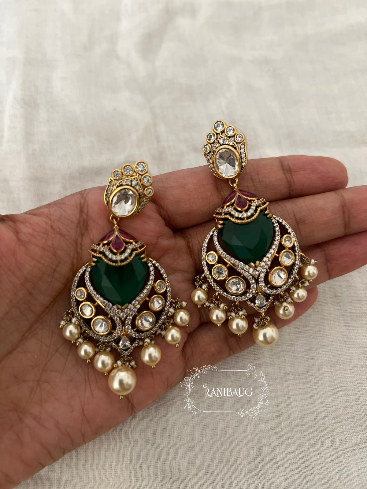 Vanisha Emerald Kundan Shiny Pearls Chandbali Earrings By Ranibaug