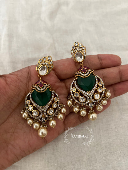 Vanisha Emerald Kundan Shiny Pearls Chandbali Earrings By Ranibaug