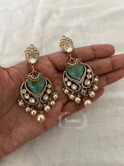 Vanisha Emerald Kundan Shiny Pearls Chandbali Earrings By Ranibaug