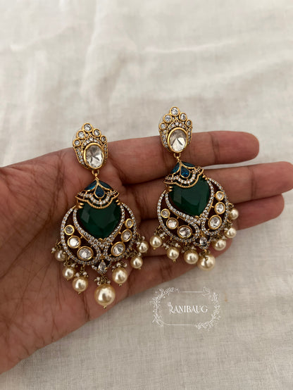 Vanisha Emerald Kundan Shiny Pearls Chandbali Earrings By Ranibaug