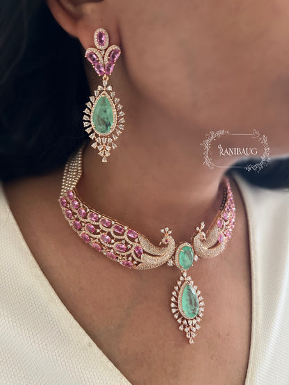 Vanisha Peacock Diamond Mint Pink Gold Finish Choker Necklace Set By Ranibaug