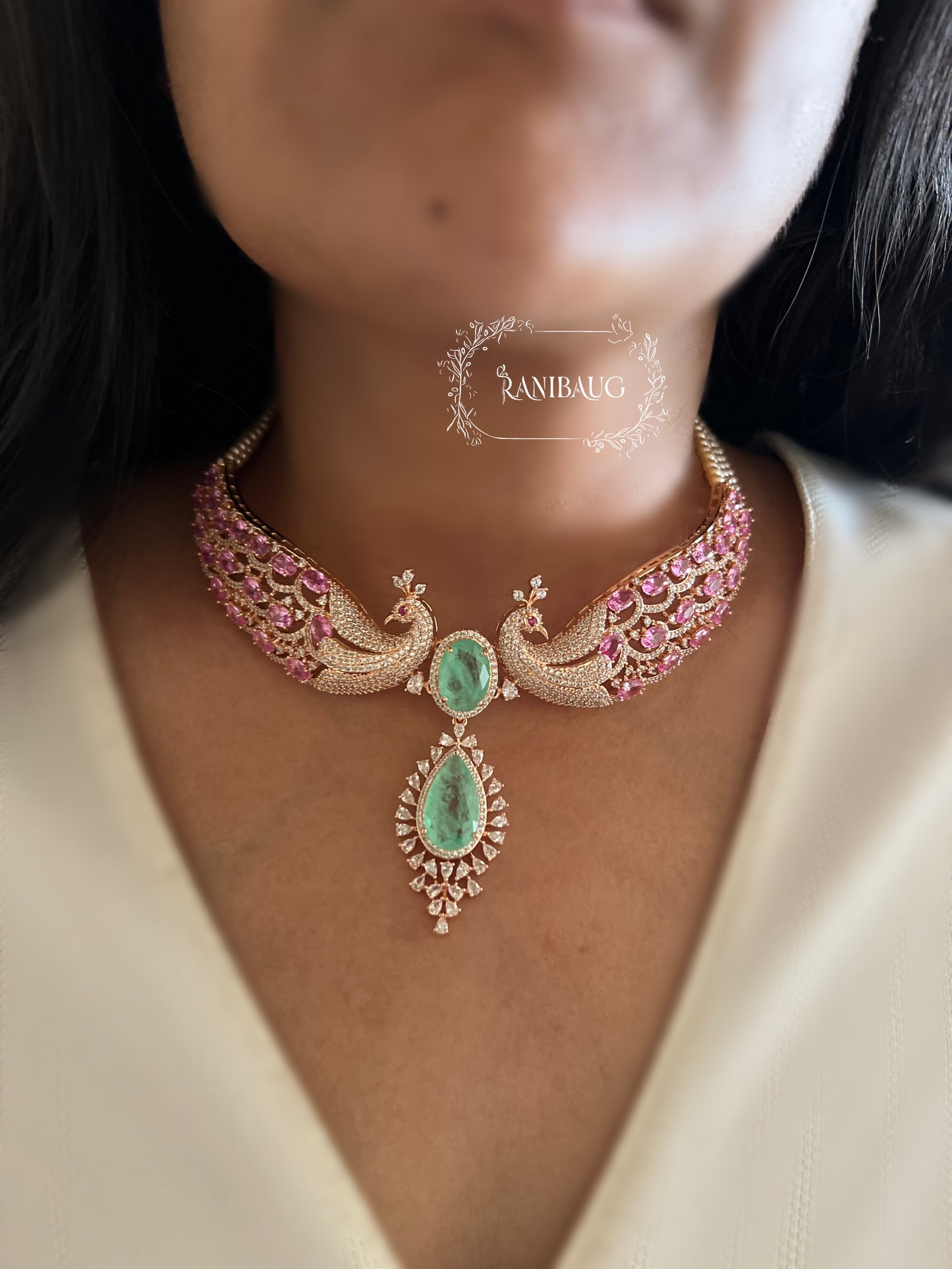 Vanisha Peacock Diamond Mint Pink Gold Finish Choker Necklace Set By Ranibaug
