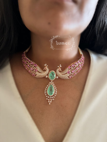 Vanisha Peacock Diamond Mint Pink Gold Finish Choker Necklace Set By Ranibaug