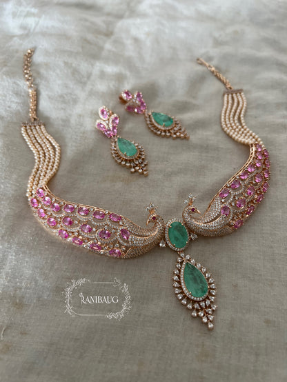 Vanisha Peacock Diamond Mint Pink Gold Finish Choker Necklace Set By Ranibaug
