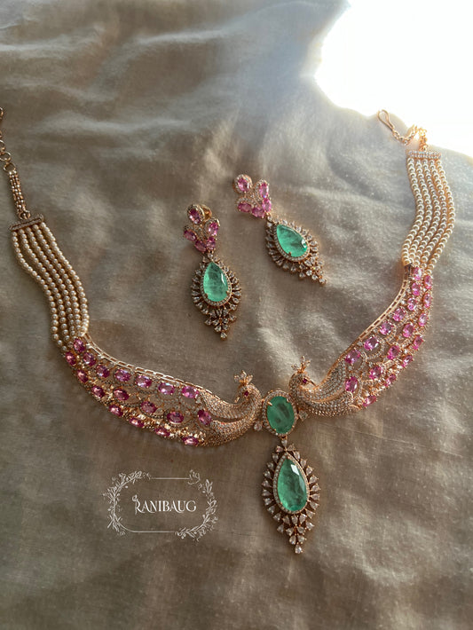 Vanisha Peacock Diamond Mint Pink Gold Finish Choker Necklace Set By Ranibaug