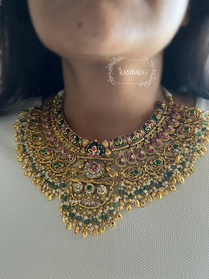 Vanshika Intricate Designer Pearl And Golden Bead Fringe Fine Detailing Royal Gold Heritage Necklace Set With Maang Tikka By Ranibaug