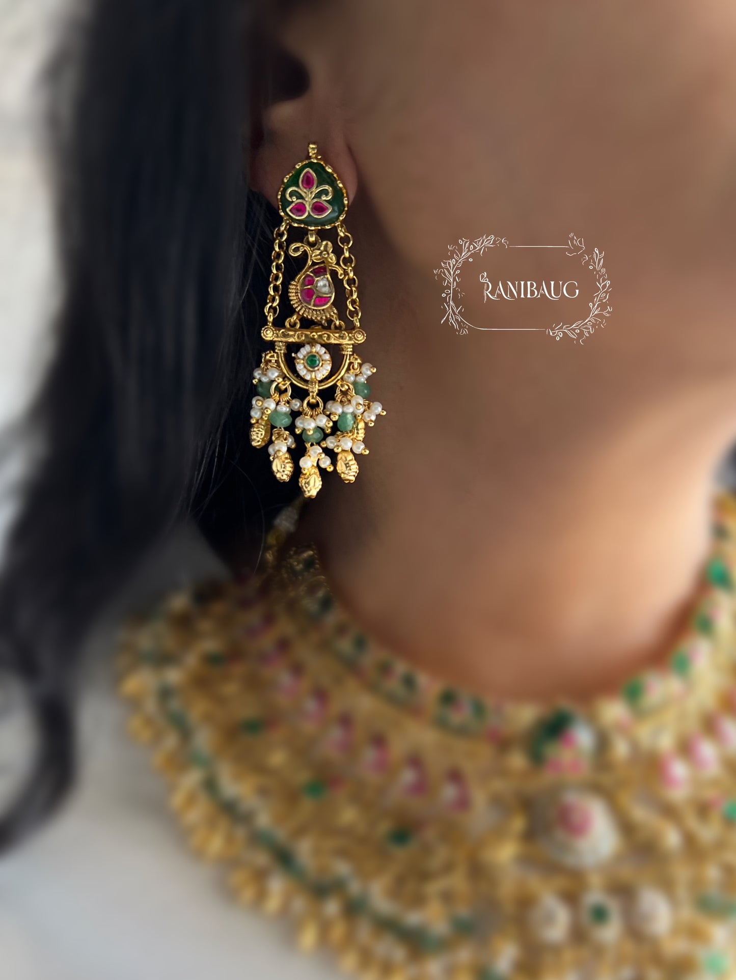 Vanshika Intricate Designer Pearl And Golden Bead Fringe Fine Detailing Royal Gold Heritage Necklace Set With Maang Tikka By Ranibaug