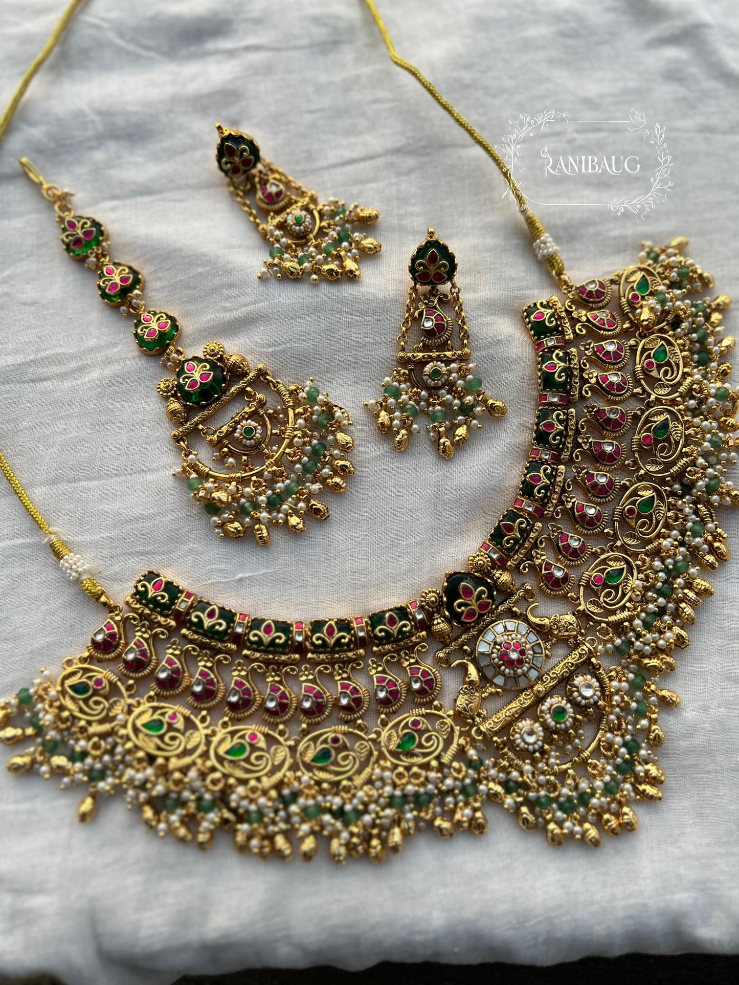 Vanshika Intricate Designer Pearl And Golden Bead Fringe Fine Detailing Royal Gold Heritage Necklace Set With Maang Tikka By Ranibaug