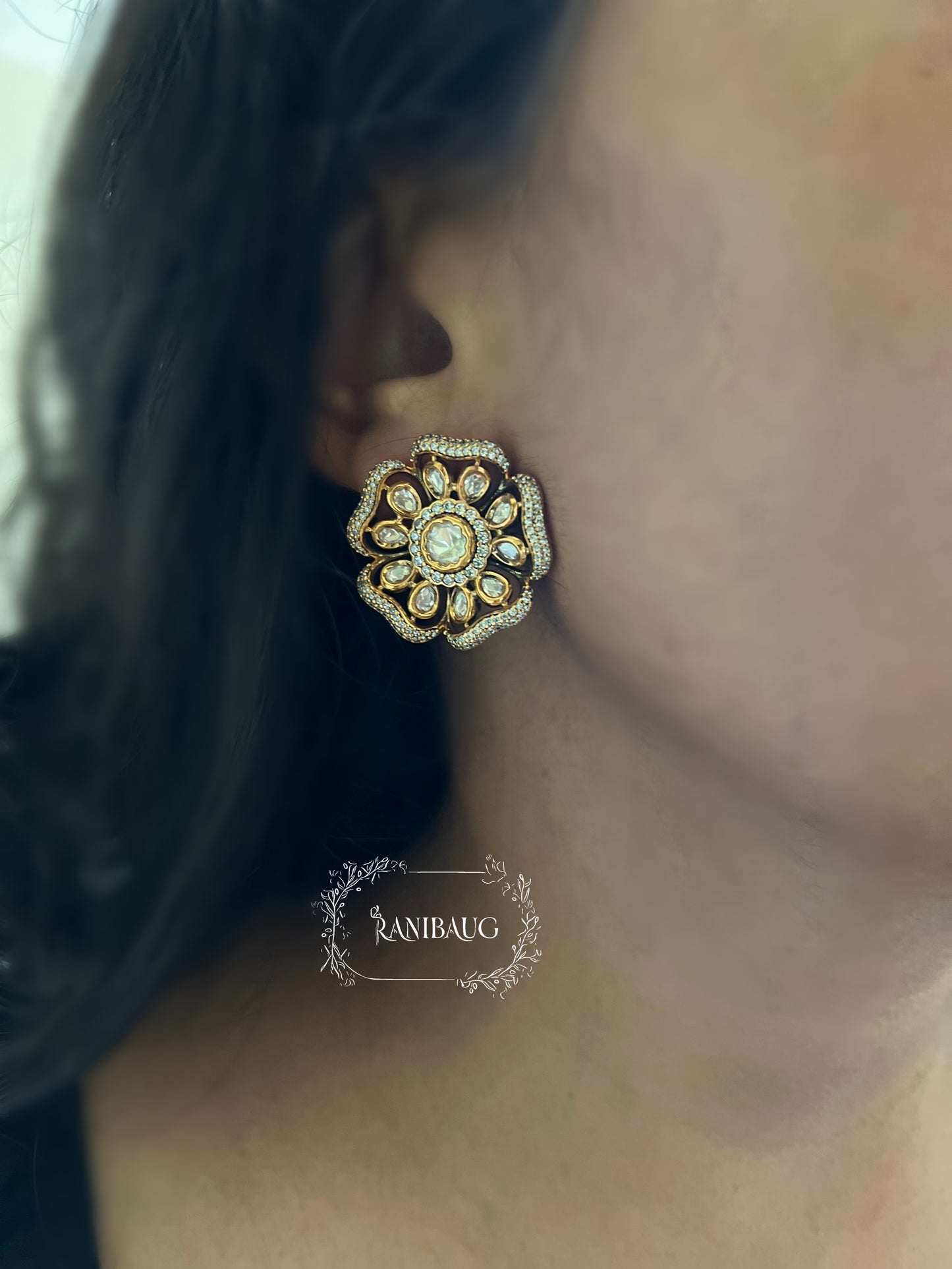 Vanya Victorian Mossainite Studs | Gold-Plated Floral Statement Earrings By Ranibaug