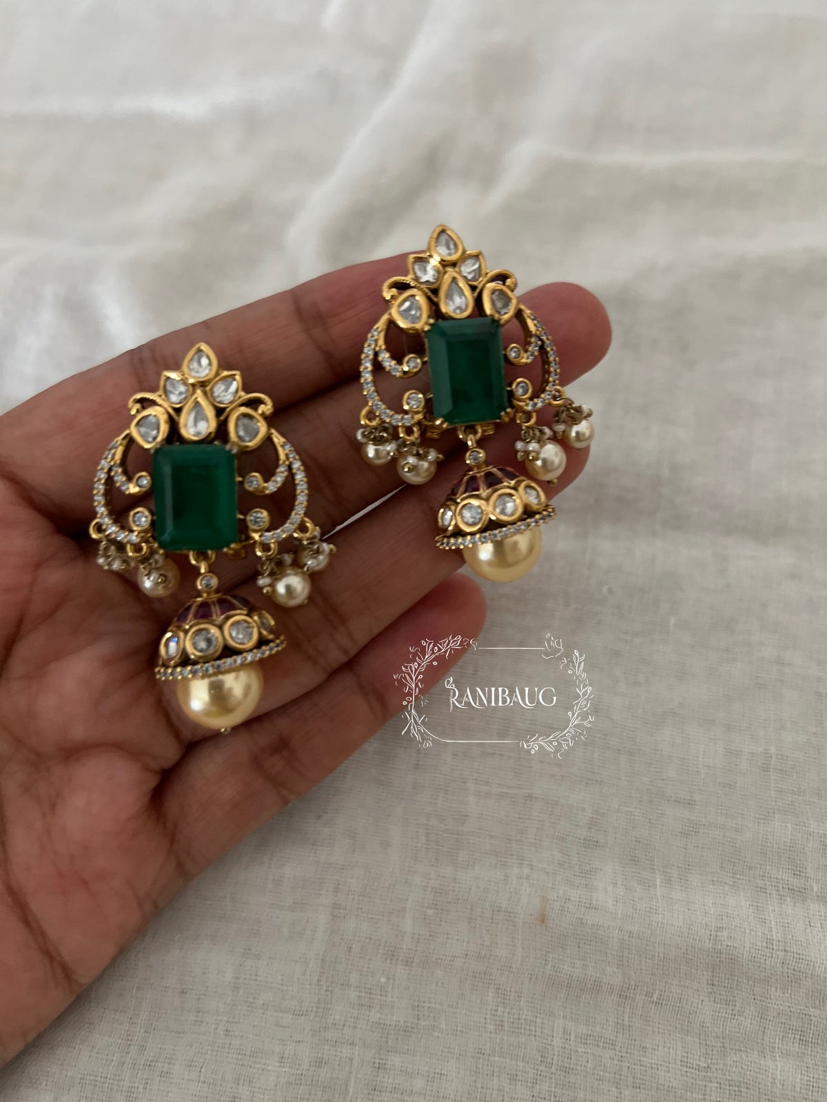Varenya Polki Emerald Festive Stud Earrings By Ranibaug