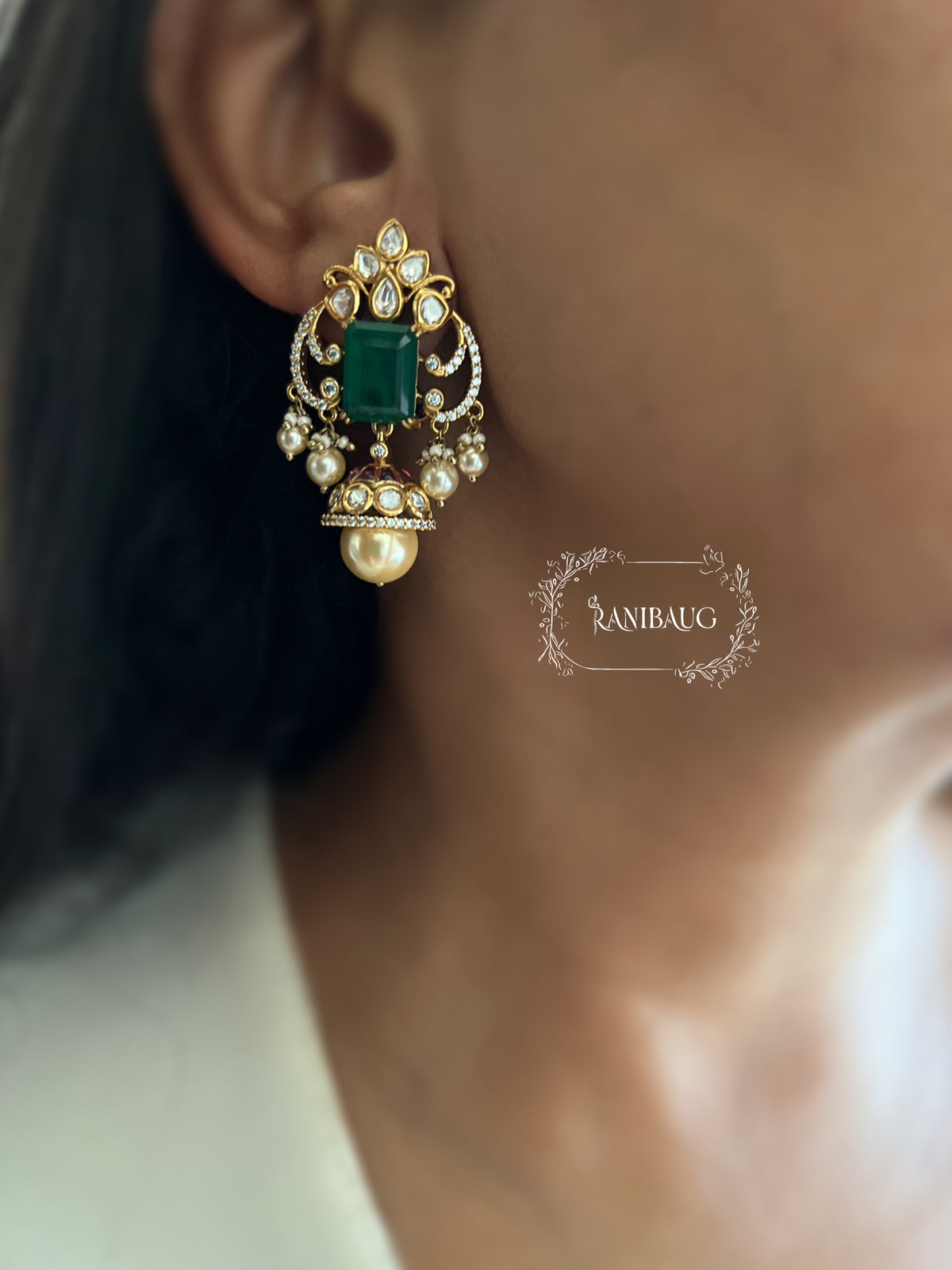 Varenya Polki Emerald Festive Stud Earrings By Ranibaug