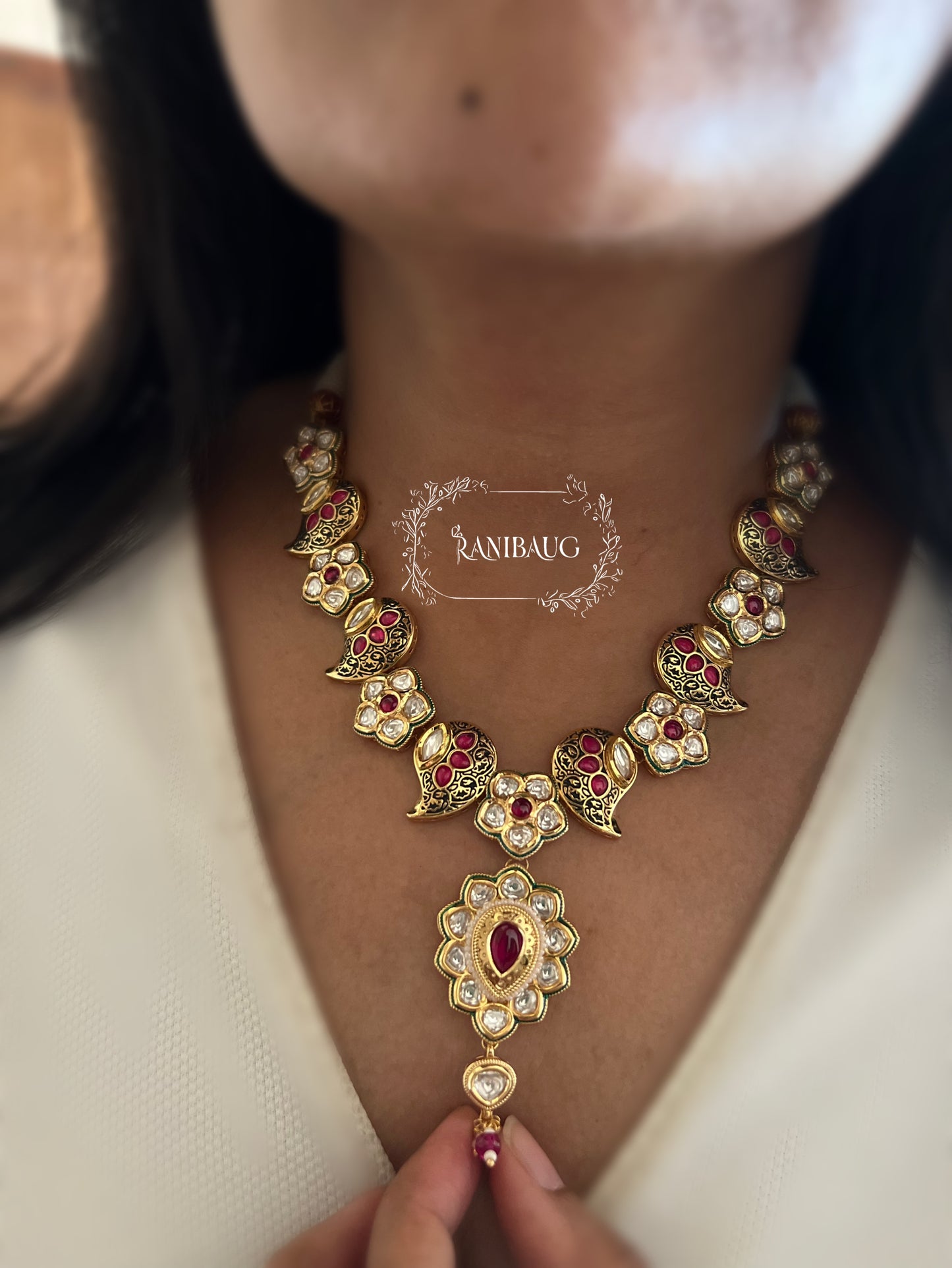Varnika Vintage Heritage Style Polki Enamel Antique Gold Finish Necklace Jewellery Set By Ranibaug
