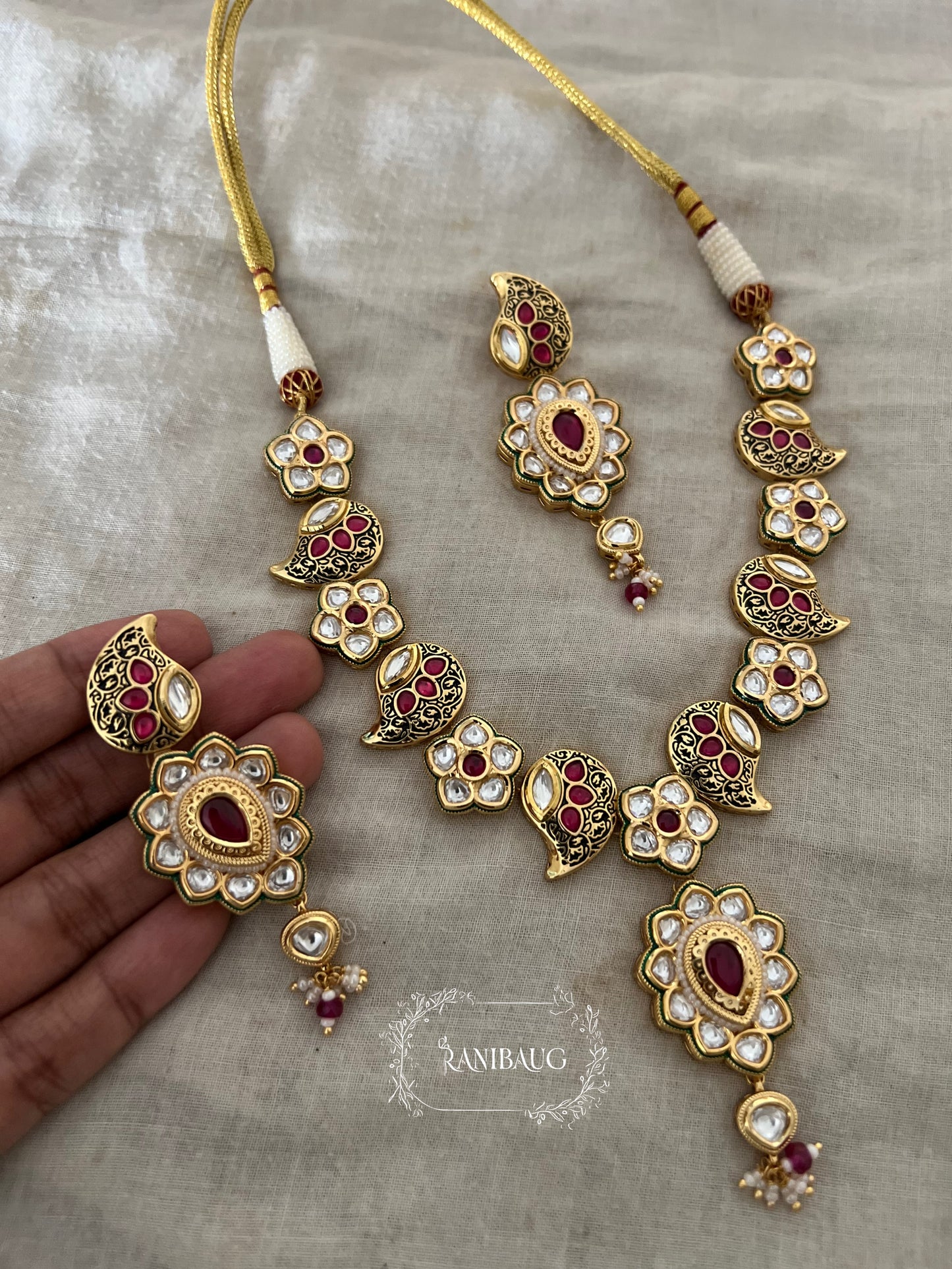Varnika Vintage Heritage Style Polki Enamel Antique Gold Finish Necklace Jewellery Set By Ranibaug