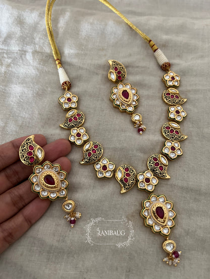 Varnika Vintage Heritage Style Polki Enamel Antique Gold Finish Necklace Jewellery Set By Ranibaug