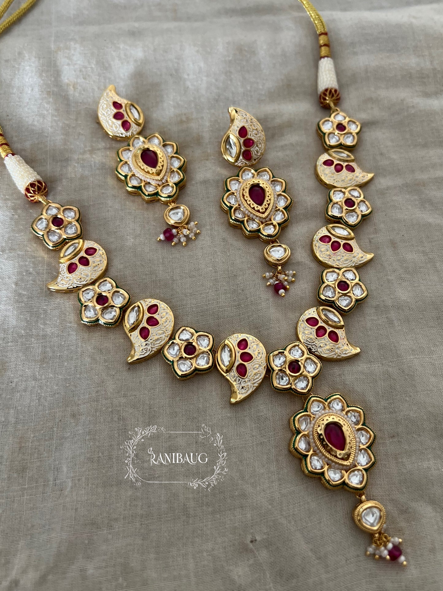 Varnika Vintage Heritage Style Polki Enamel Antique Gold Finish Necklace Jewellery Set By Ranibaug