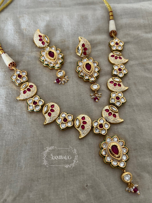 Varnika Vintage Heritage Style Polki Enamel Antique Gold Finish Necklace Jewellery Set By Ranibaug