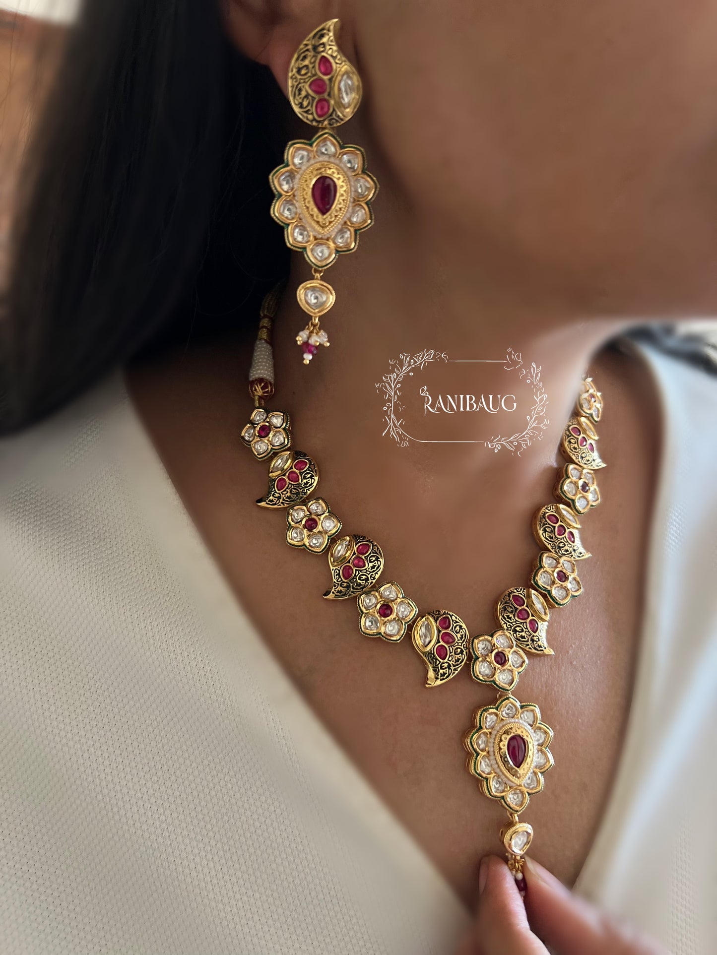 Varnika Vintage Heritage Style Polki Enamel Antique Gold Finish Necklace Jewellery Set By Ranibaug