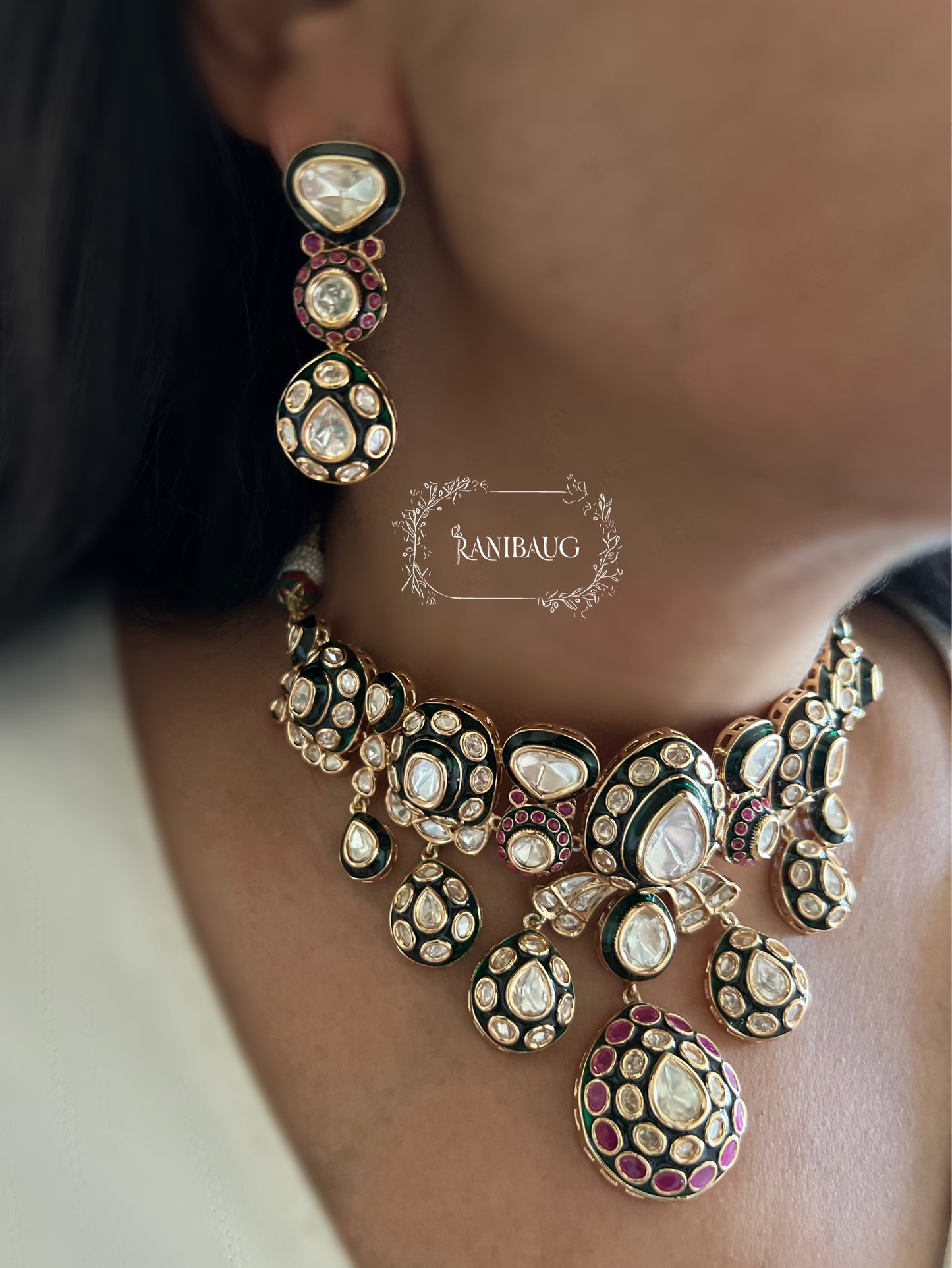 Varnisa Polki Adorned Rich Emerald And Ruby Hues Festive Choker Necklace Set By Ranibaug
