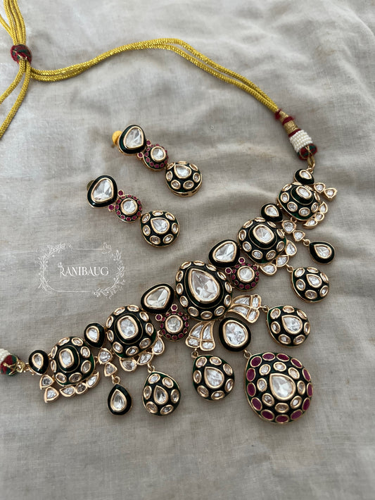 Varnisa Polki Adorned Rich Emerald And Ruby Hues Festive Choker Necklace Set By Ranibaug
