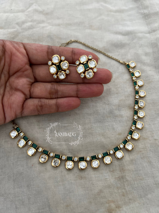 Varshika Polki Riviera Gold Finish Vintage Classic Necklace Set By Ranibaug