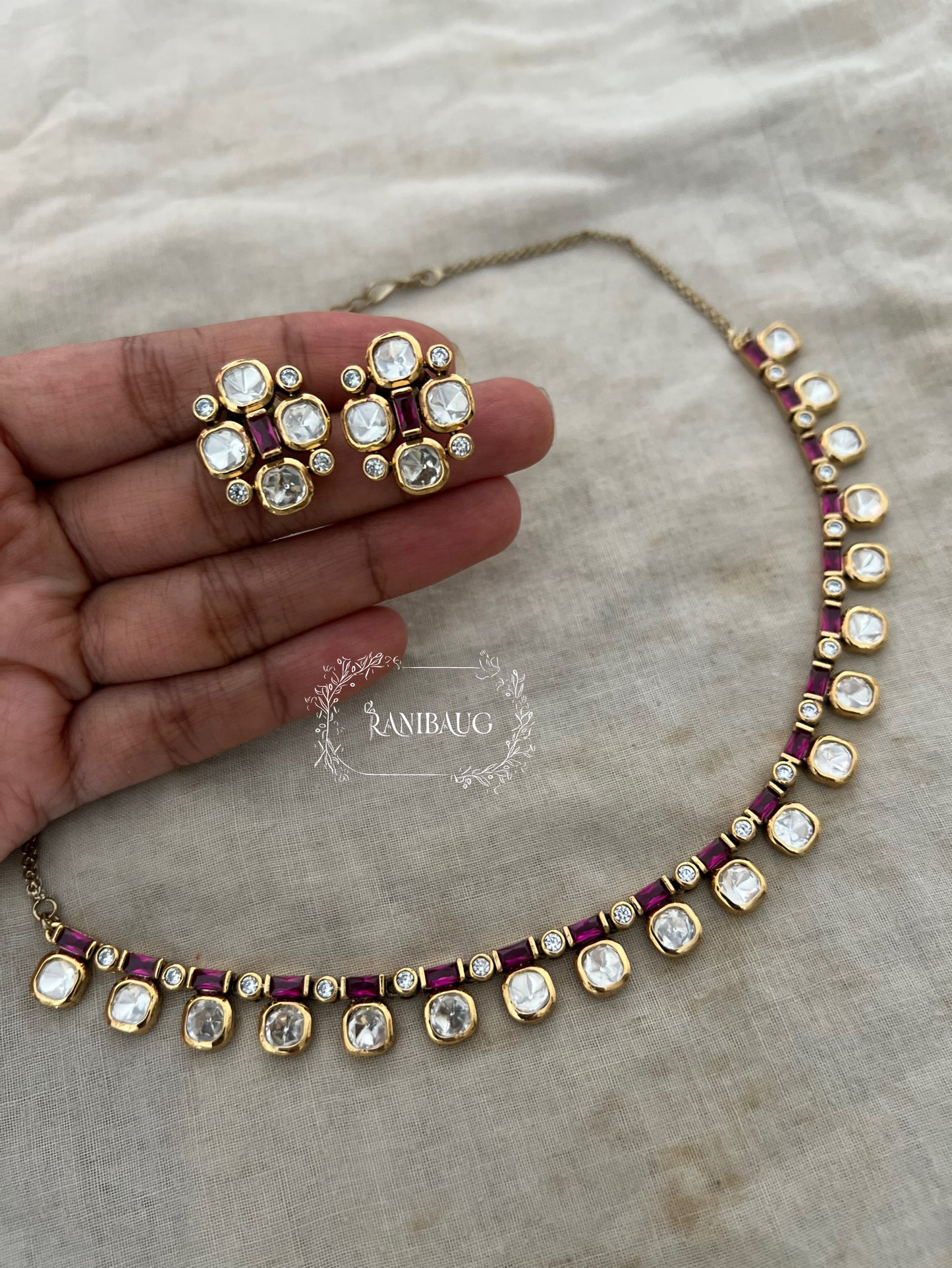 Varshika Polki Riviera Gold Finish Vintage Classic Necklace Set By Ranibaug