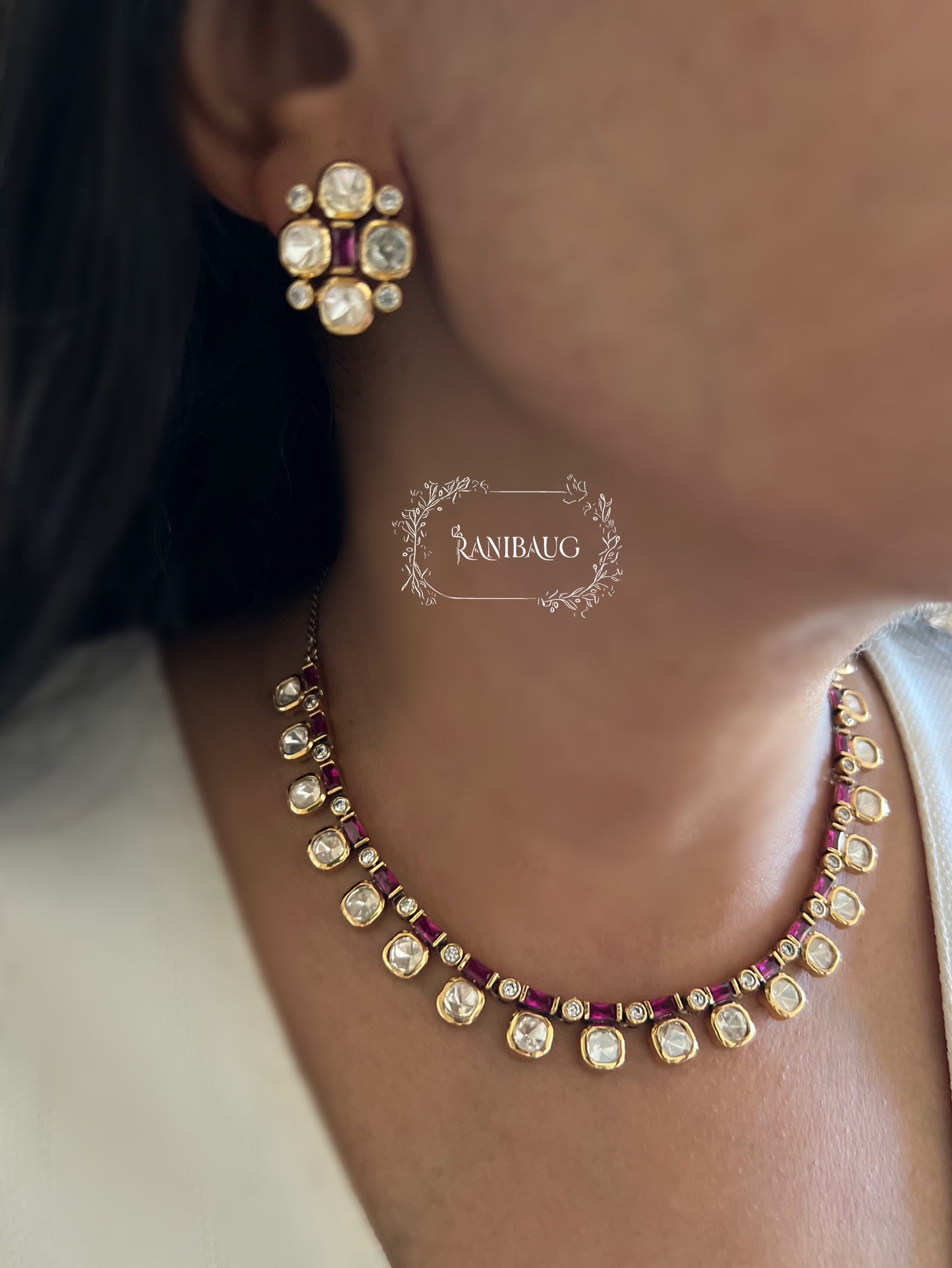 Varshika Polki Riviera Gold Finish Vintage Classic Necklace Set By Ranibaug