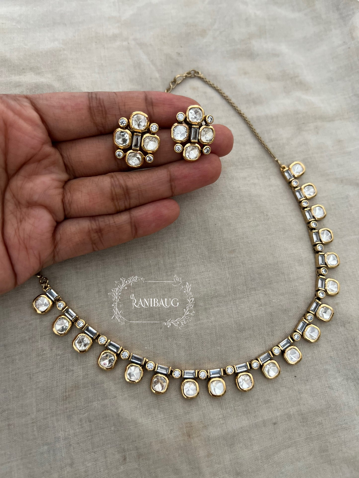 Varshika Polki Riviera Gold Finish Vintage Classic Necklace Set By Ranibaug