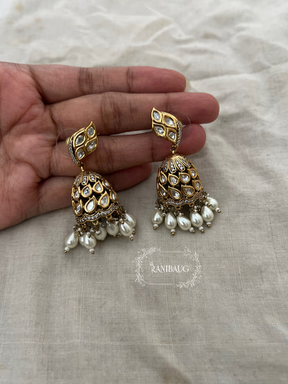 Varshini Premium Gold Finish Polki Adorned Sway Style Jhumka With Pearls By Ranibaug