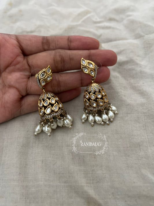 Varshini Premium Gold Finish Polki Adorned Sway Style Jhumka With Pearls By Ranibaug